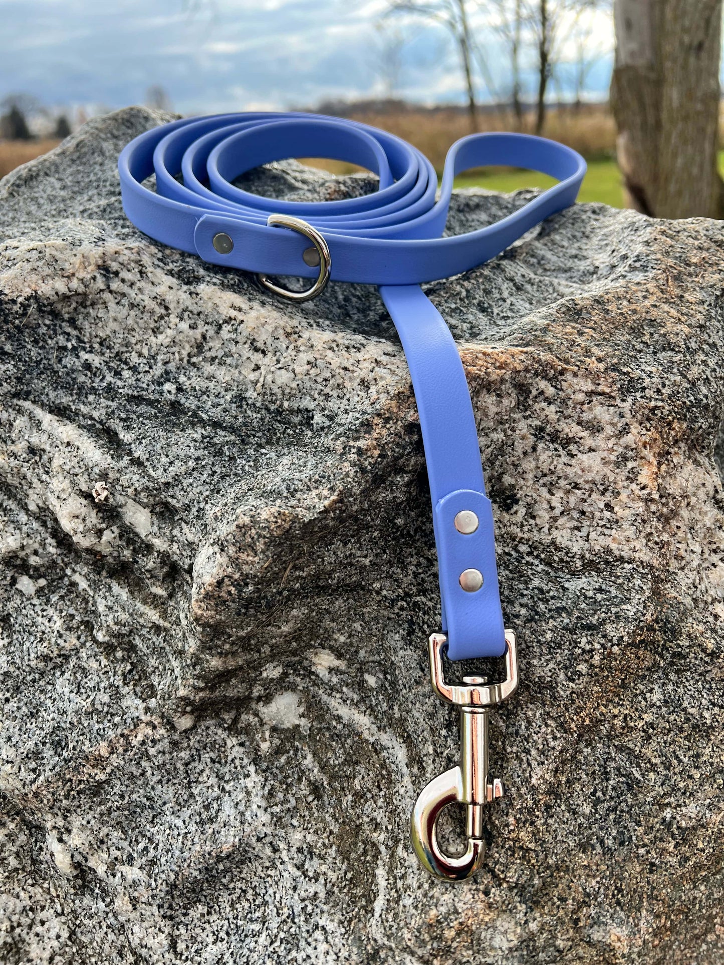 A durable periwinkle biothane dog leash with contrasting nickel plated hardware, designed for strength and style, ideal for everyday use and outdoor adventures.