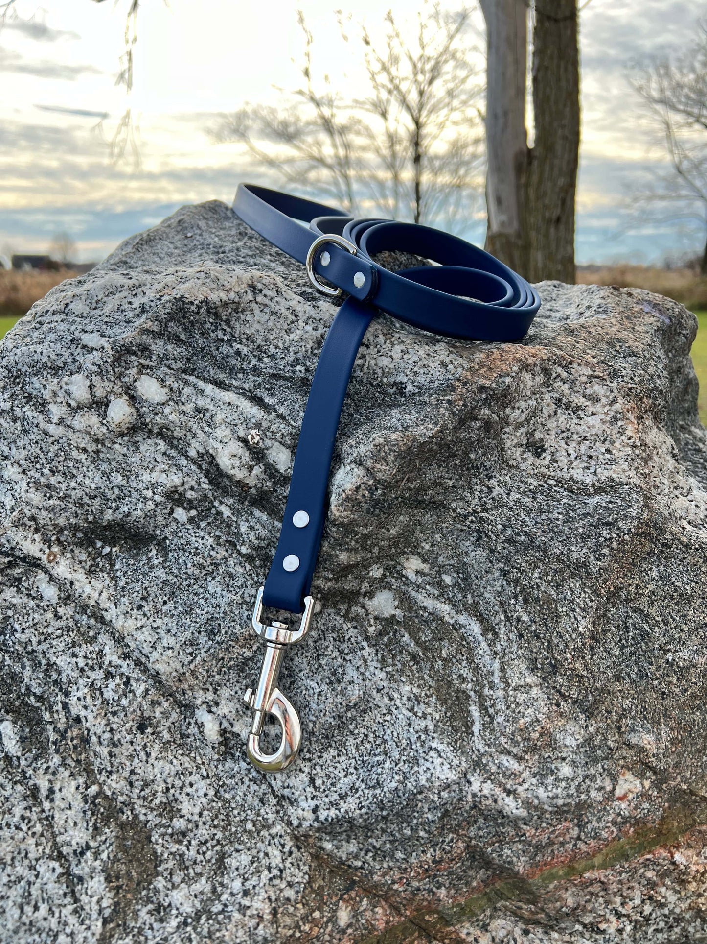 A durable deep sea blue biothane dog leash with contrasting nickel plated hardware, designed for strength and style, ideal for everyday use and outdoor adventures.