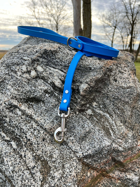 A durable honolulu blue biothane dog leash with contrasting nickel plated hardware, designed for strength and style, ideal for everyday use and outdoor adventures. Detroit Lions inspired.