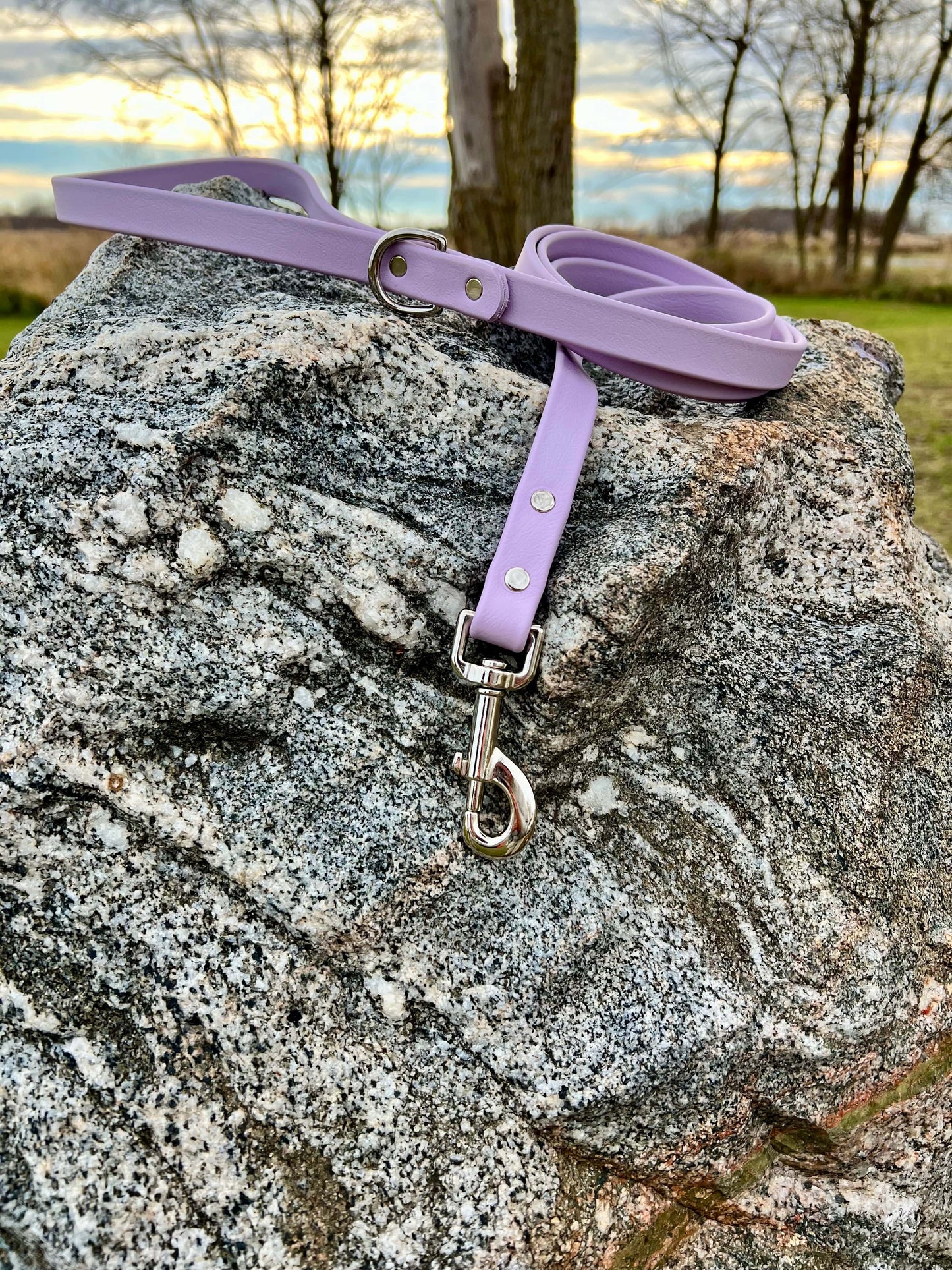 A durable lilac biothane dog leash with contrasting nickel plated hardware, designed for strength and style, ideal for everyday use and outdoor adventures.