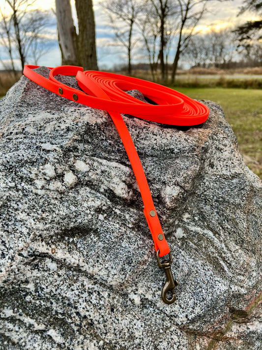 A durable neon orange biothane dog long lead with contrasting antique hardware, designed for strength and style, ideal for everyday use and outdoor adventures. Great for training recall and the beginning steps of off leash dog training.