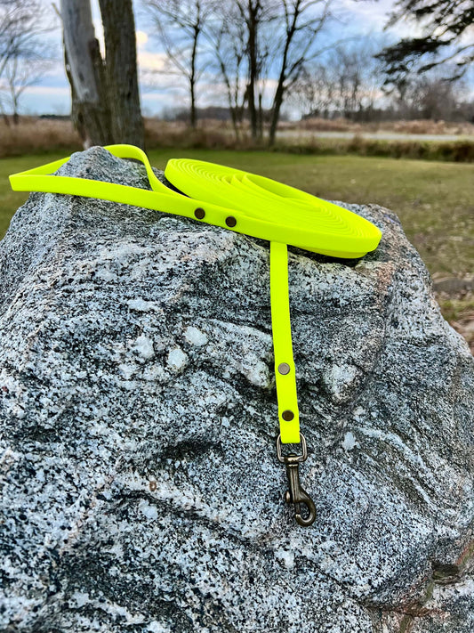 A durable neon yellow biothane dog long lead with contrasting antique hardware, designed for strength and style, ideal for everyday use and outdoor adventures. Great for training recall and the beginning steps of off leash dog training.